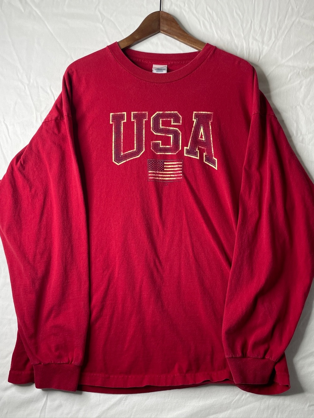 Vintage USA T-Shirt Mens 2XL Red Long Sleeve Americana Flag Graphic Retro 90s